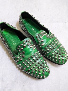 Prada Green Studded Leather Loafers Men US 11 Spikes Slip Ons